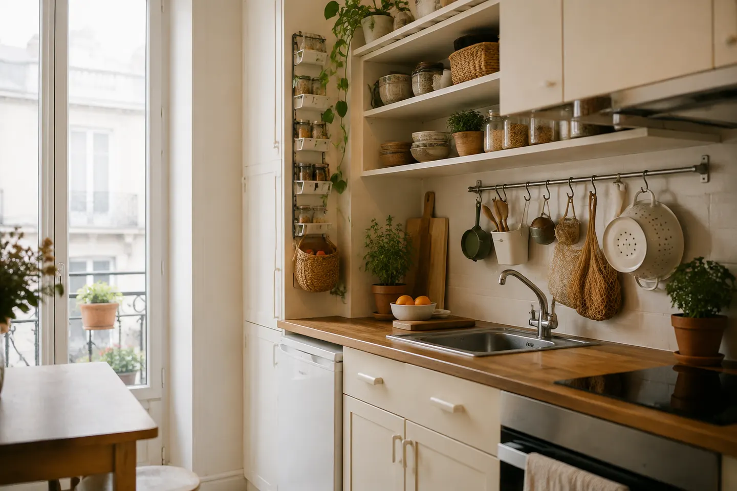 Petite cuisine lumineuse avec étagères ouvertes et rangements verticaux